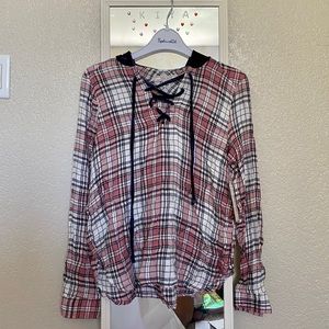 adam levine pink flannel w/blue velvet hoodie